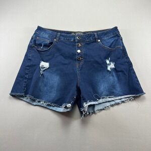 Chic Denim Harley Shorts Women 16 Blue Distressed Frayed Hem Button Fly Mid Rise